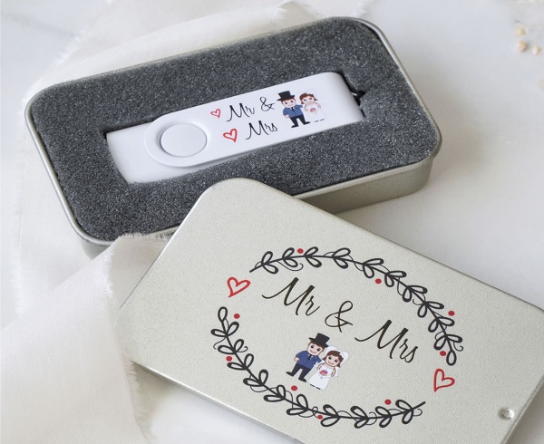 Mr & Mrs Bride & Groom Wedding Photos USB Flashdrive In Gift Tin